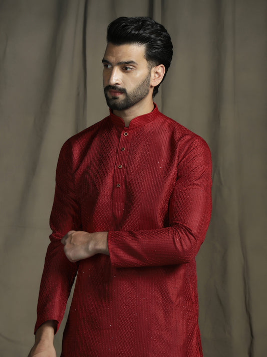 Red Silk Blend Solid Kurta Set