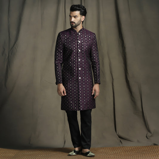 Purple Art Silk Embroidered Sherwani