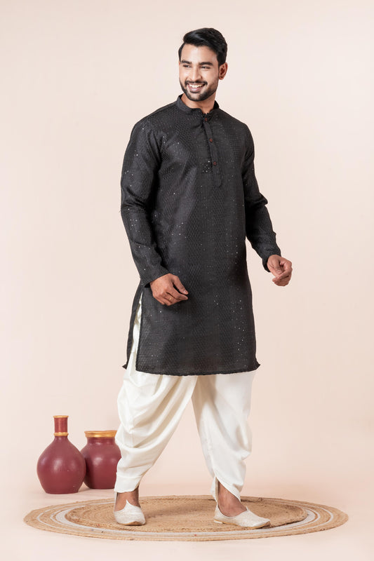 Men's Black Embroidery Silk Kurta Dhoti Set