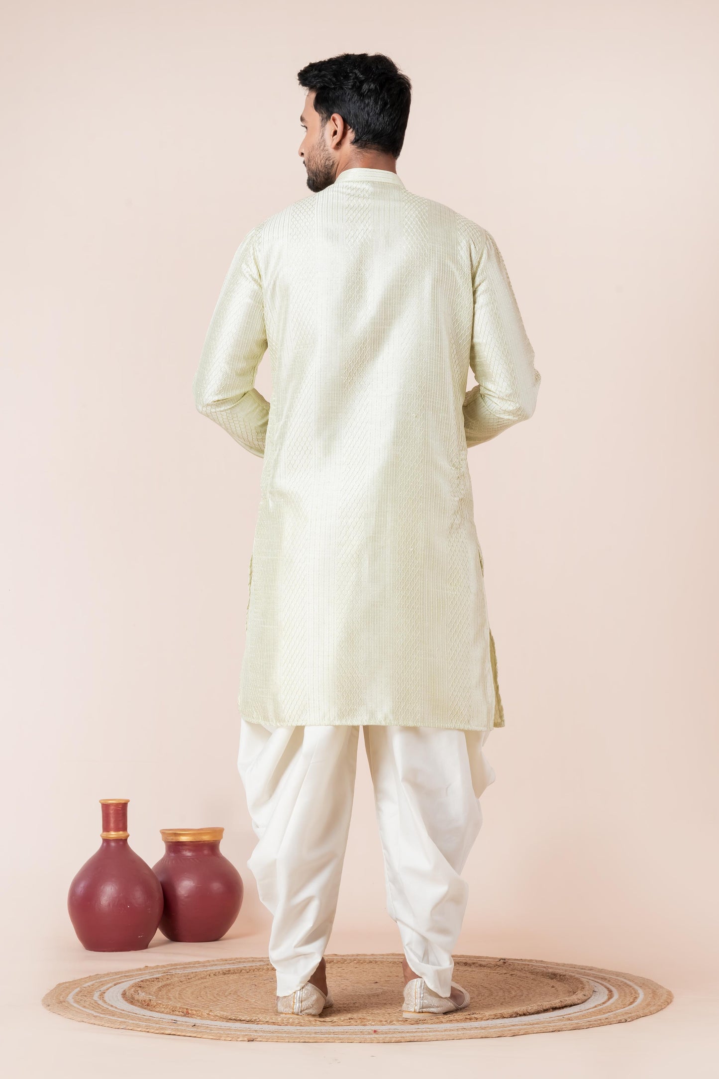 Cream Self-Design Art Silk Kurta with Dhoti