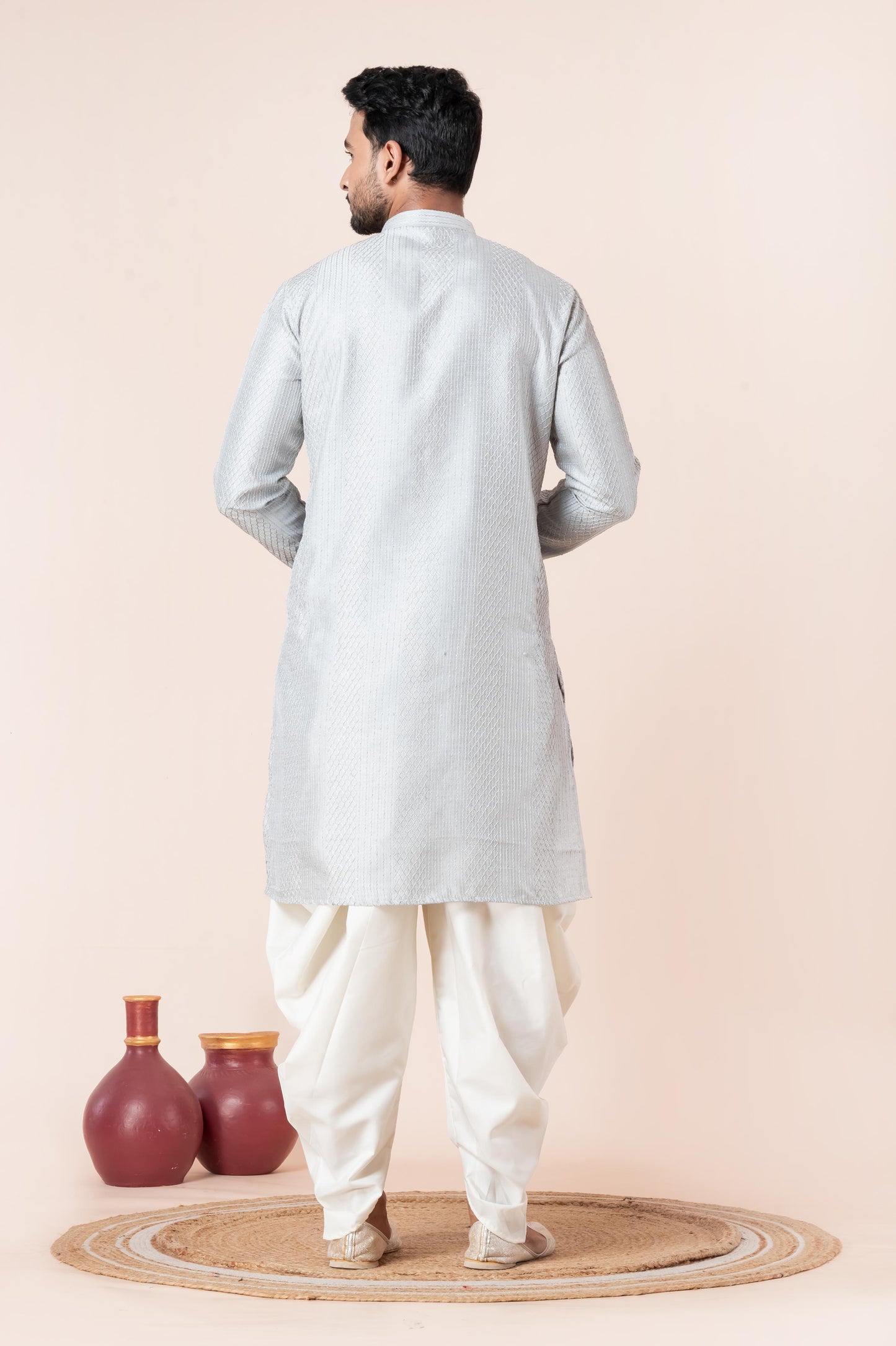Grey Silk Jacquard Dhoti Kurta Set