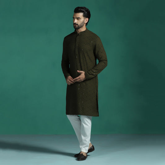 Men Olive Sequins Kurta