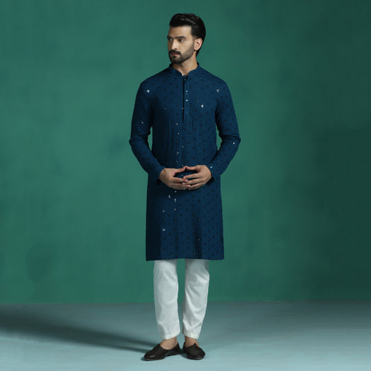 Blue Mirror Work Embroidered Kurta
