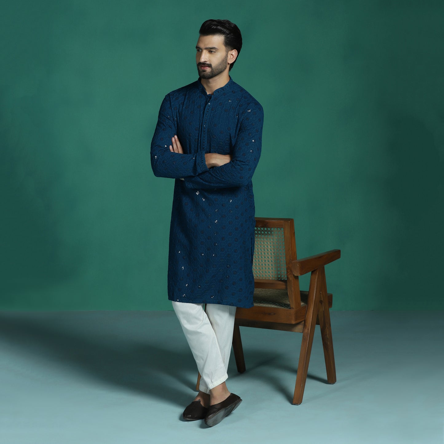 Blue Mirror Work Embroidered Kurta