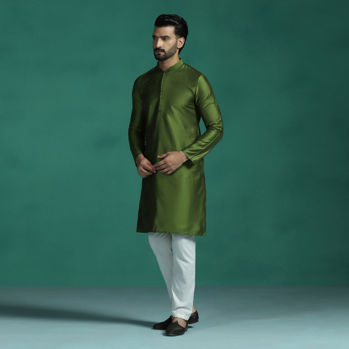Elegant Olive Green Katan Silk Kurta