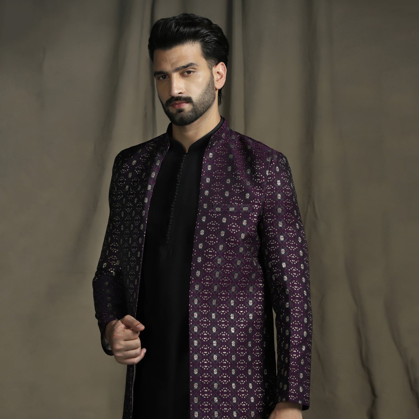 Exquisite Purple Velvet Indo Western sherwani
