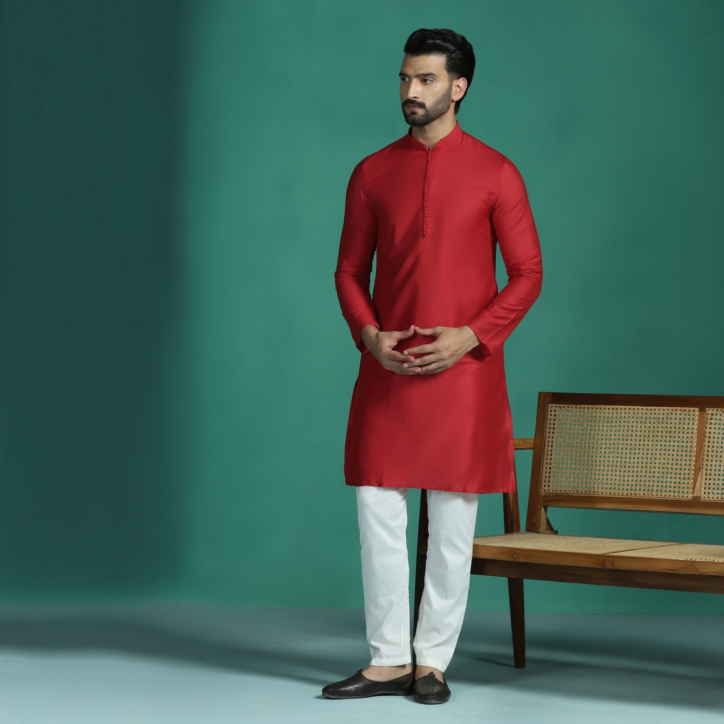 True Red Embroidered Neckline Kurta