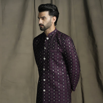 Wine/Purple Silk Blend Woven Design Sherwani