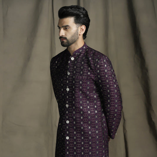 Wine/Purple Silk Blend Woven Design Sherwani