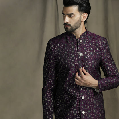 Wine/Purple Silk Blend Woven Design Sherwani