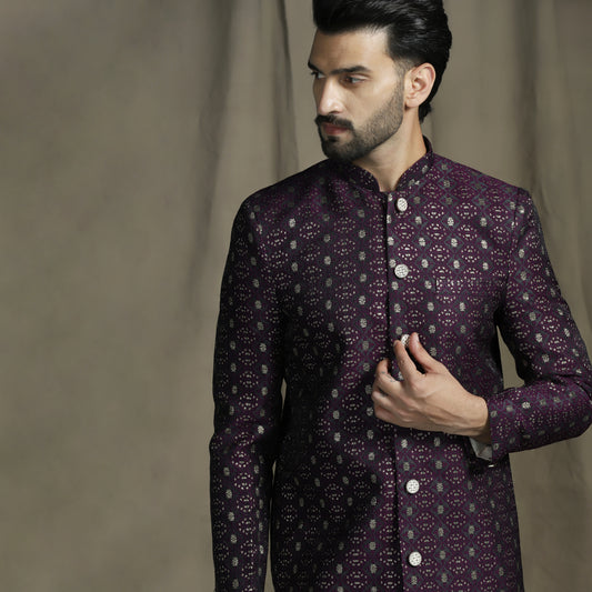 Wine/Purple Silk Blend Woven Design Sherwani