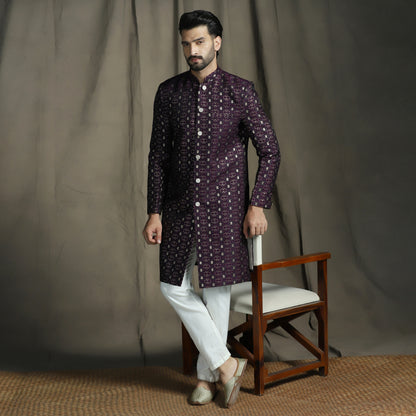 Wine/Purple Silk Blend Woven Design Sherwani