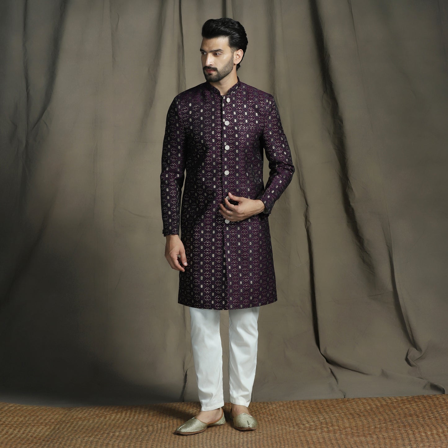 Wine/Purple Silk Blend Woven Design Sherwani