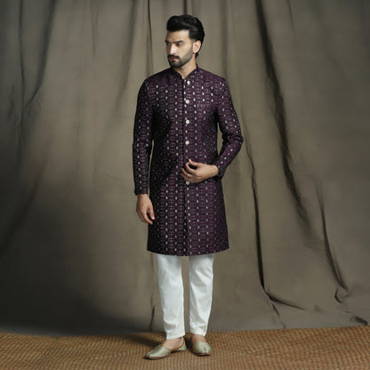 Wine/Purple Silk Blend Woven Design Sherwani