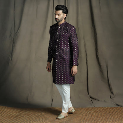 Wine/Purple Silk Blend Woven Design Sherwani