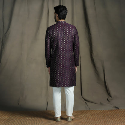 Wine/Purple Silk Blend Woven Design Sherwani