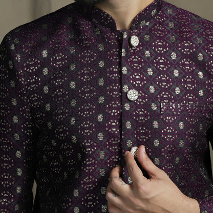 Wine/Purple Silk Blend Woven Design Sherwani