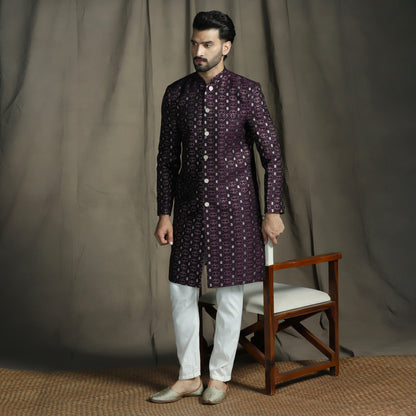 Wine/Purple Silk Blend Woven Design Sherwani