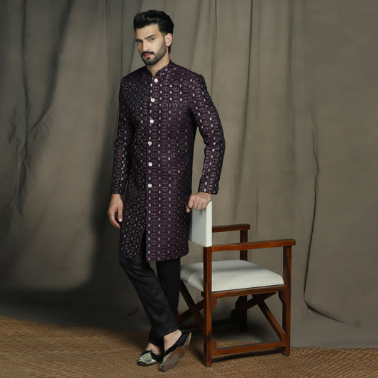 Purple Art Silk Embroidered Sherwani