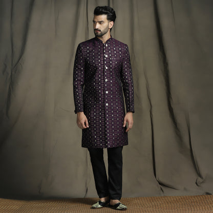 Purple Art Silk Embroidered Sherwani