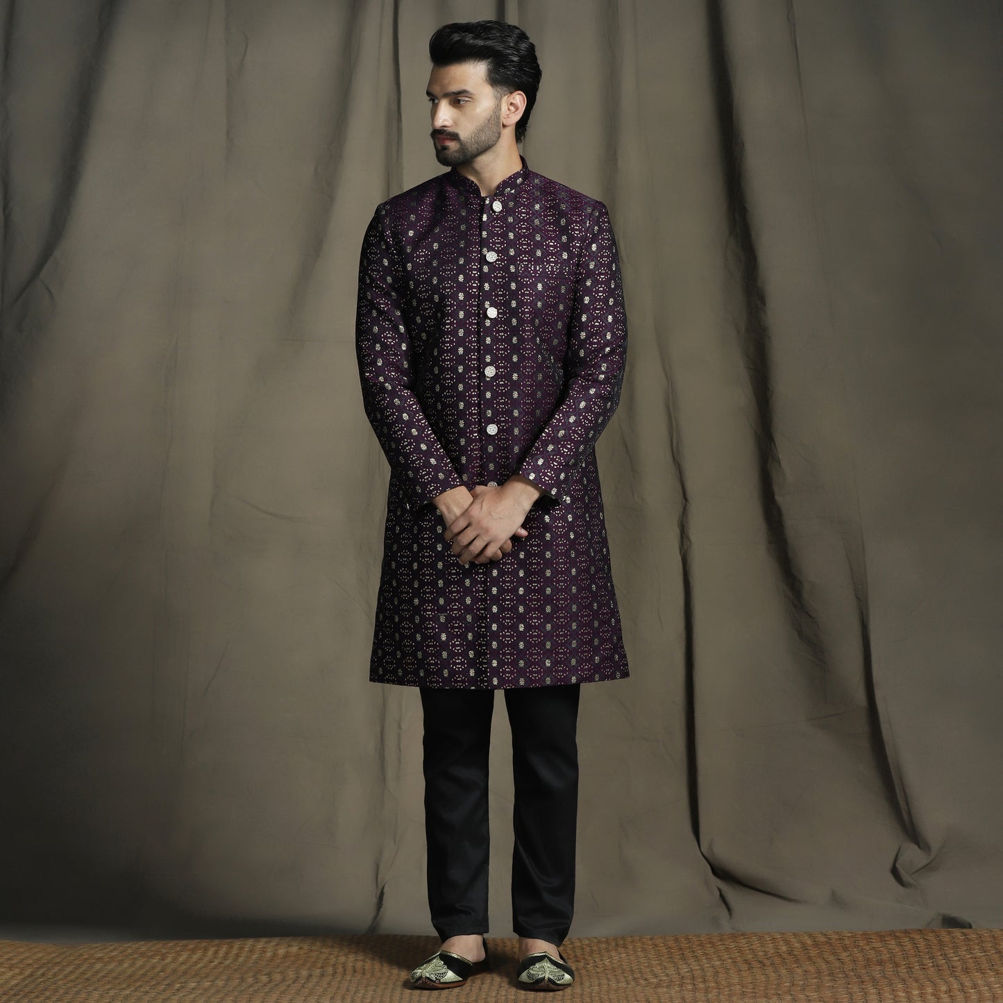 Purple Art Silk Embroidered Sherwani