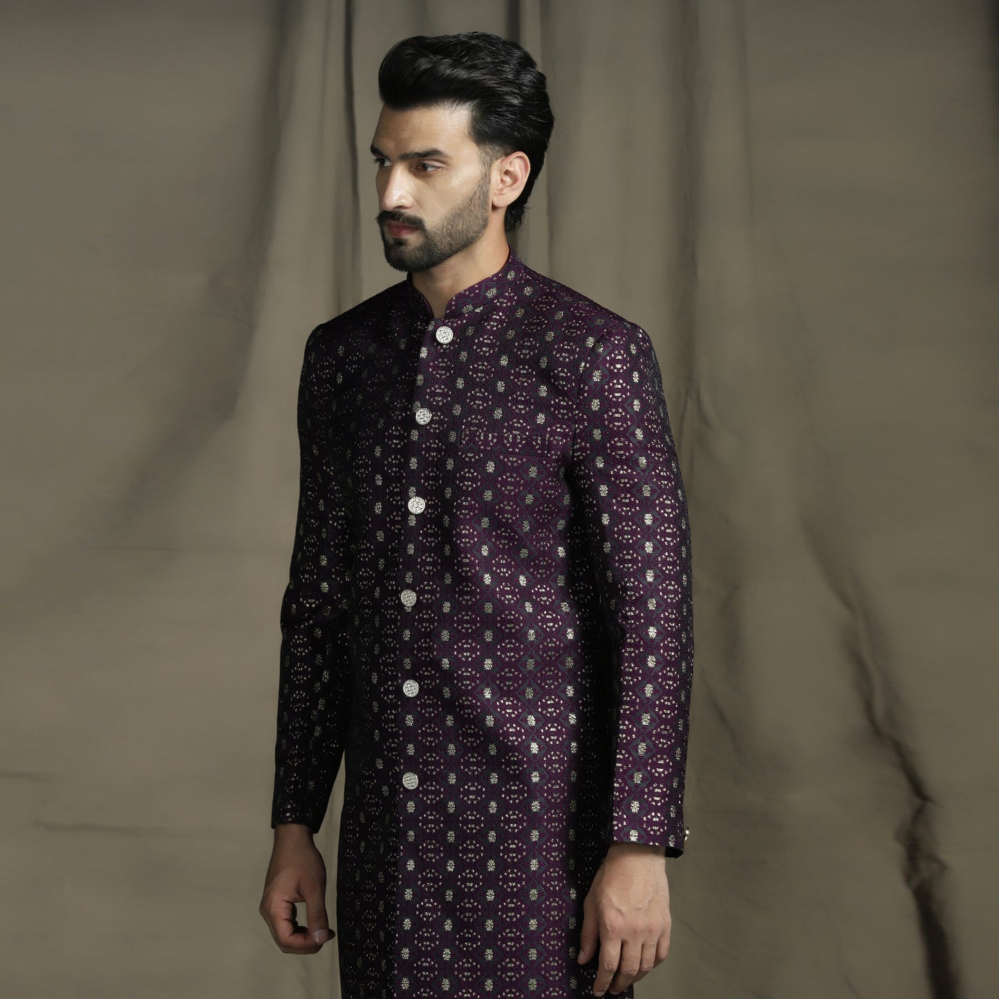 Purple Art Silk Embroidered Sherwani