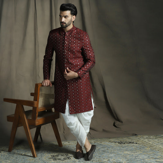 Maroon Jacquard Sherwani