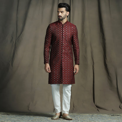 Maroon Brocade Sherwani