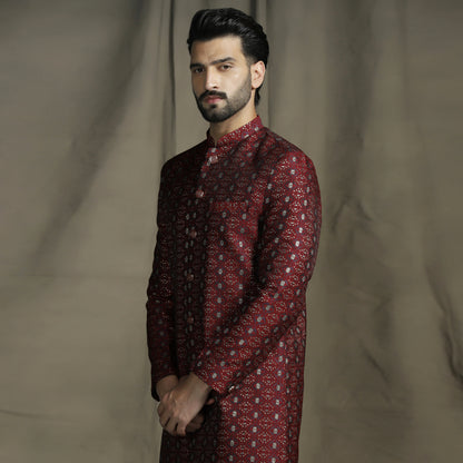Maroon Brocade Sherwani
