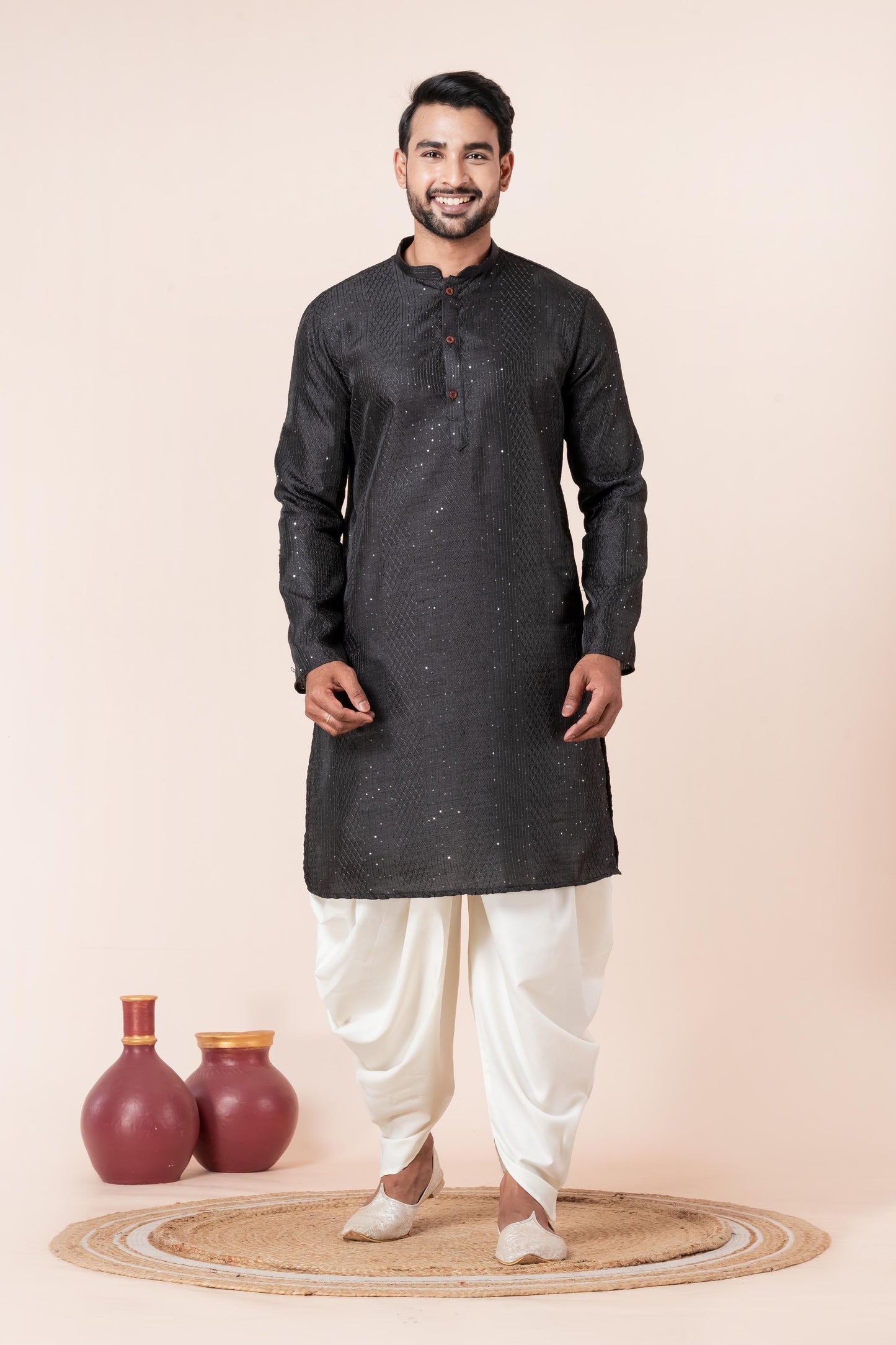 Men's Black Embroidery Silk Kurta Dhoti Set