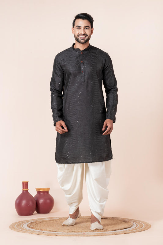 Men's Black Embroidery Silk Kurta Dhoti Set