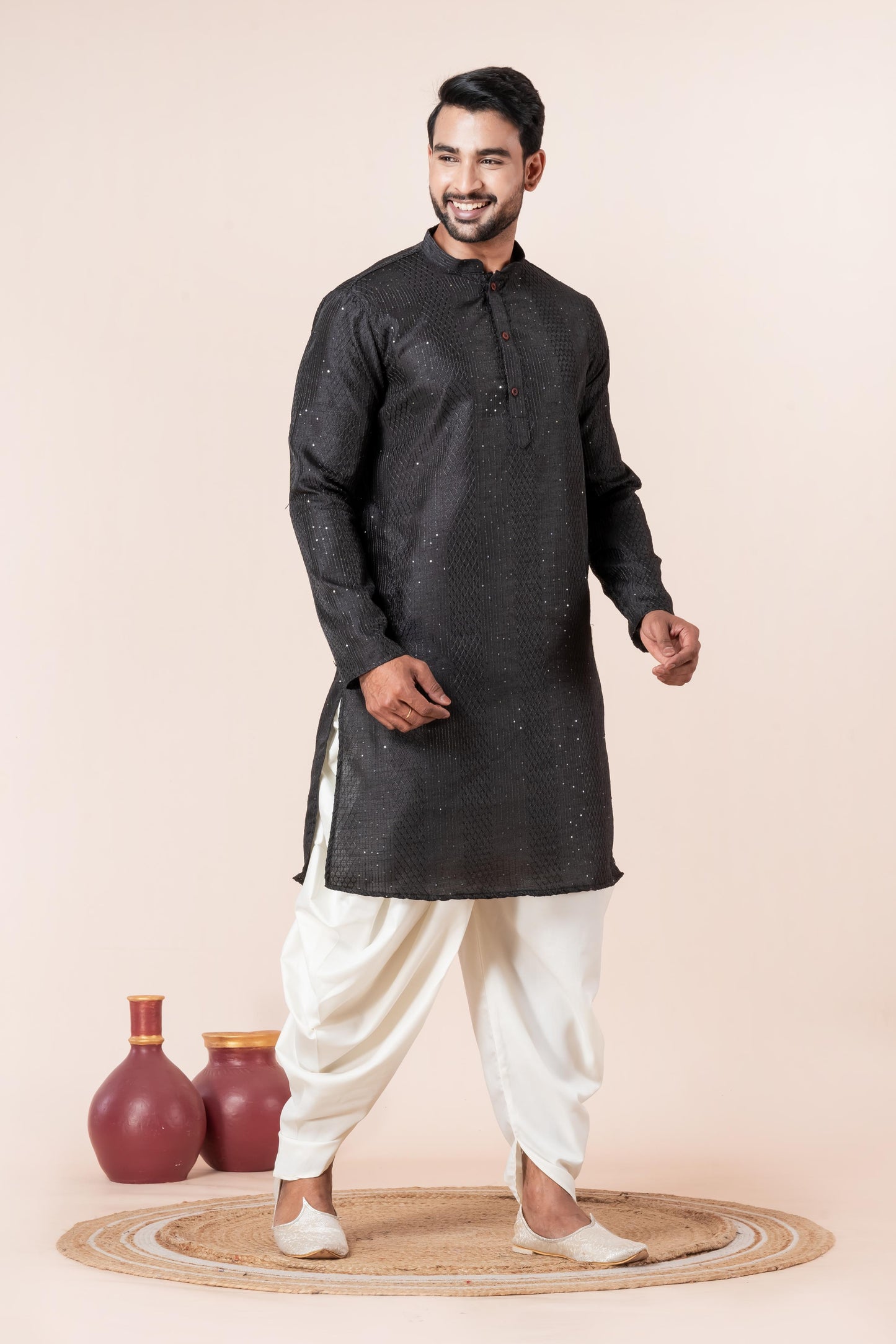 Men's Black Embroidery Silk Kurta Dhoti Set