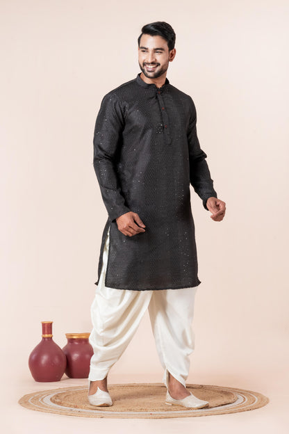 Men's Black Embroidery Silk Kurta Dhoti Set