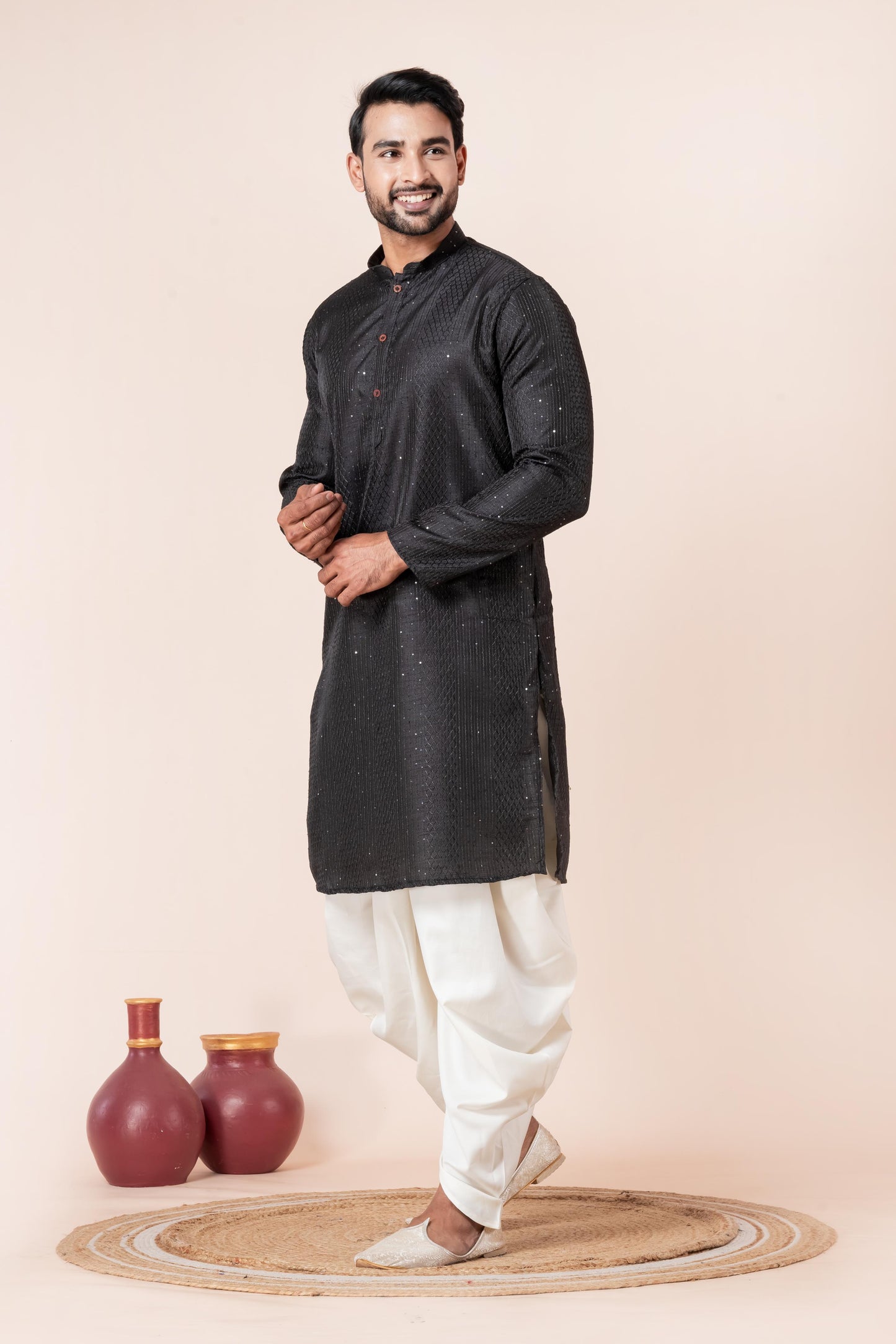 Men's Black Embroidery Silk Kurta Dhoti Set