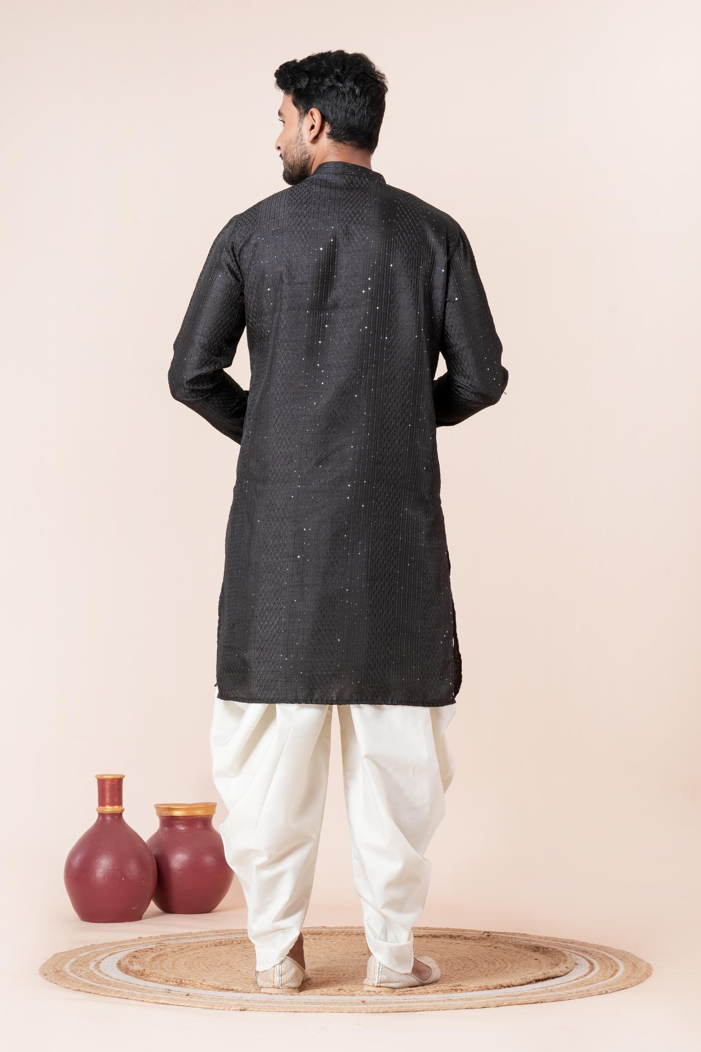 Men's Black Embroidery Silk Kurta Dhoti Set