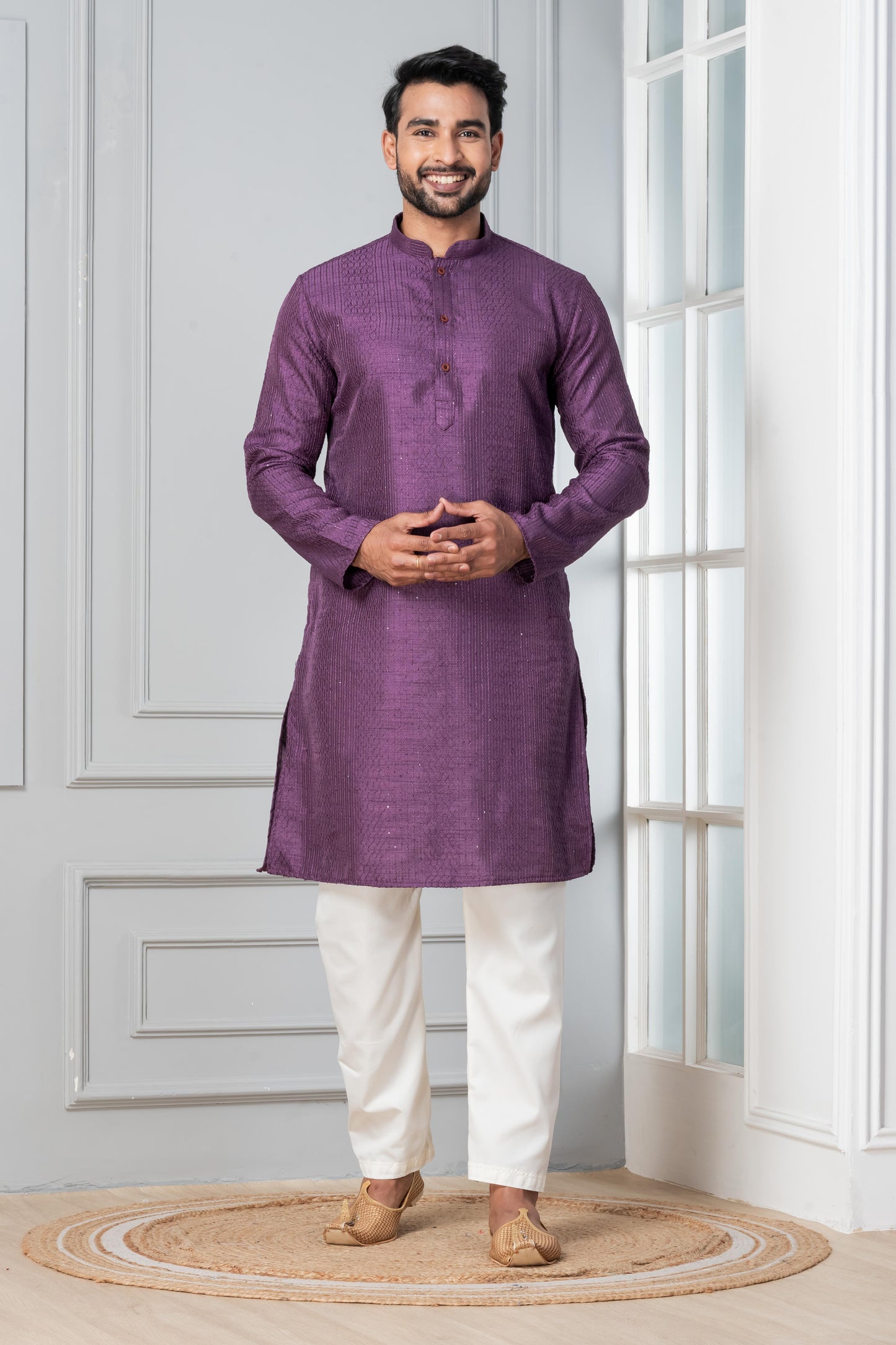 Purple Woven Design Straight Kurta Set