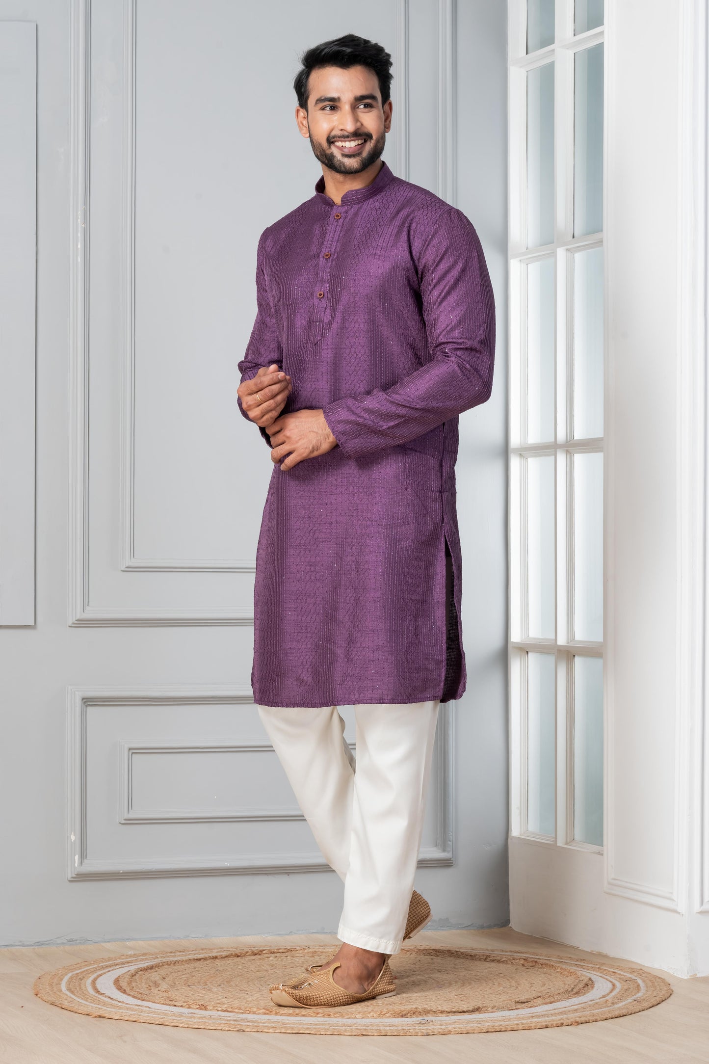 Purple Woven Design Straight Kurta Set