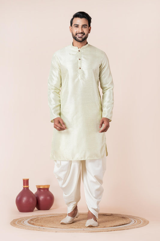 Cream Self-Design Art Silk Kurta with Dhoti