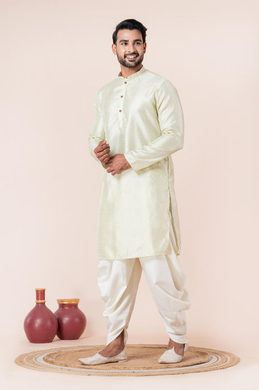 Cream Self-Design Art Silk Kurta with Dhoti