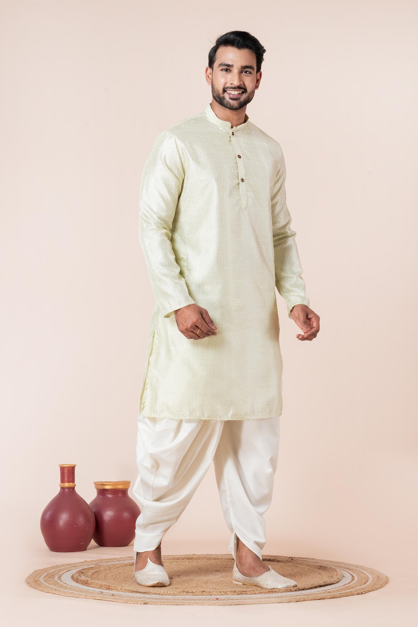 Cream Self-Design Art Silk Kurta with Dhoti