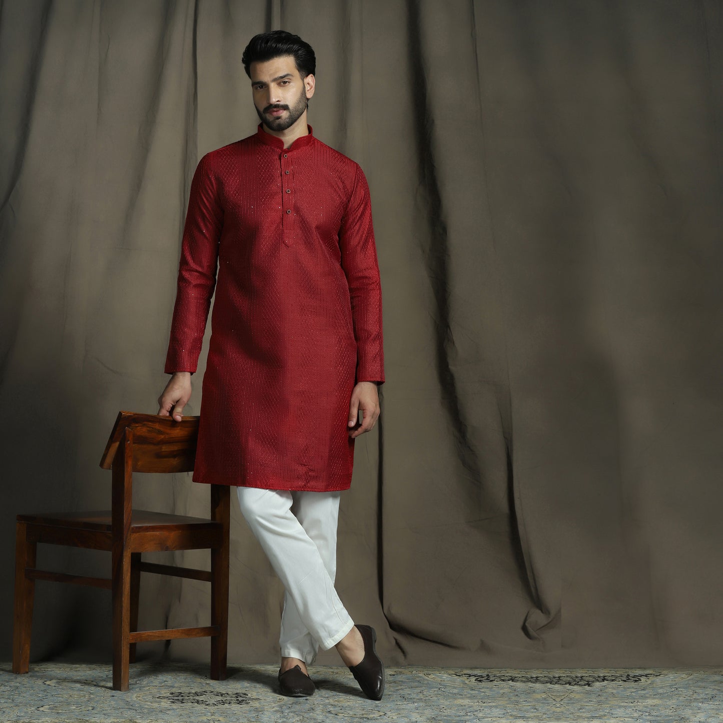 Classic Red Ogee Jaal Patterned Kurta