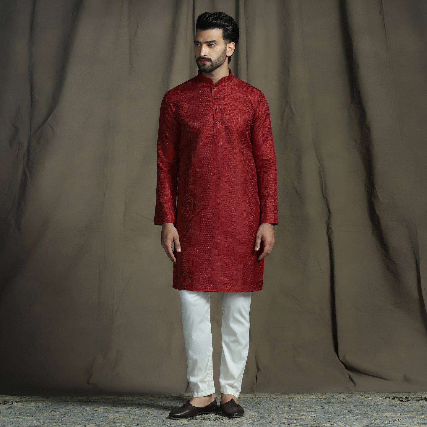 Classic Red Ogee Jaal Patterned Kurta