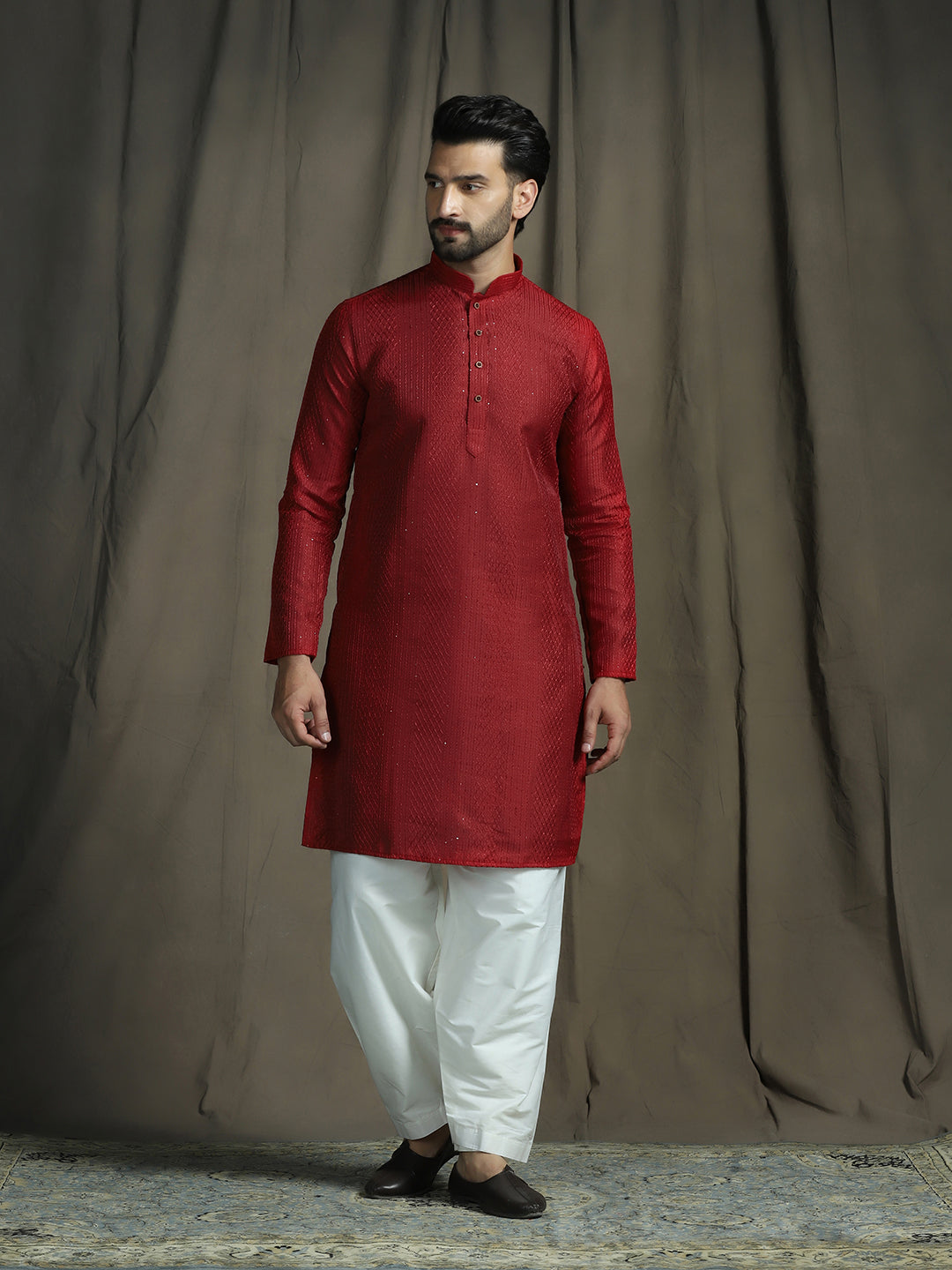 Red Silk Blend Solid Kurta Set