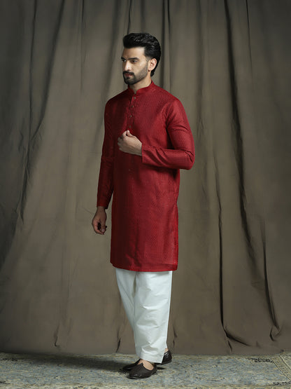 Red Silk Blend Solid Kurta Set