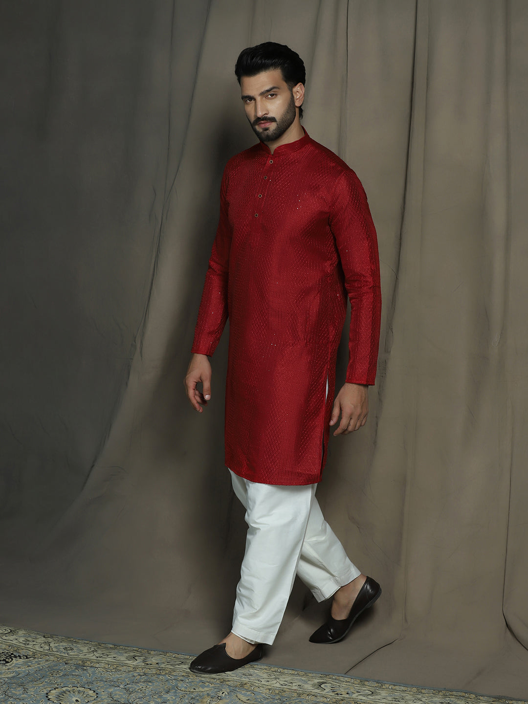 Red Silk Blend Solid Kurta Set