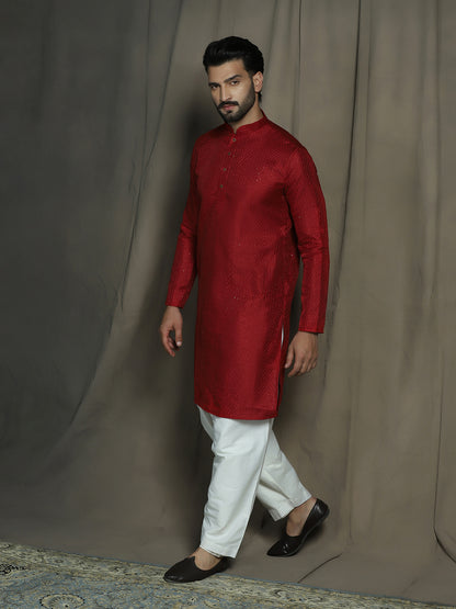 Red Silk Blend Solid Kurta Set
