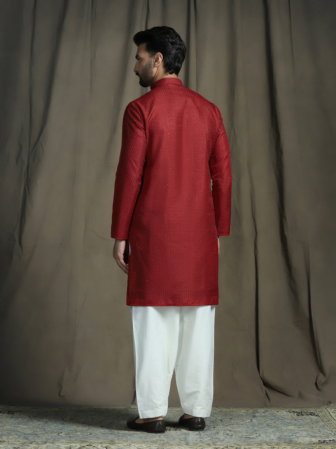 Red Silk Blend Solid Kurta Set