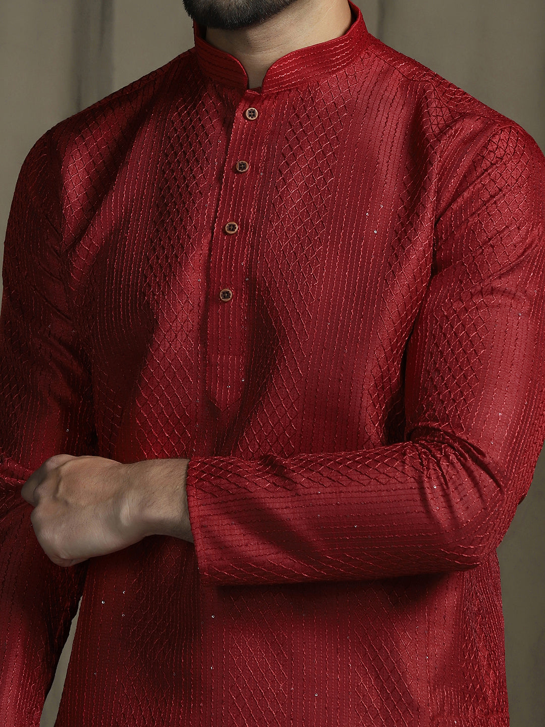 Red Silk Blend Solid Kurta Set