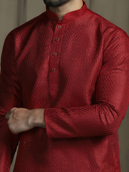 Red Silk Blend Solid Kurta Set