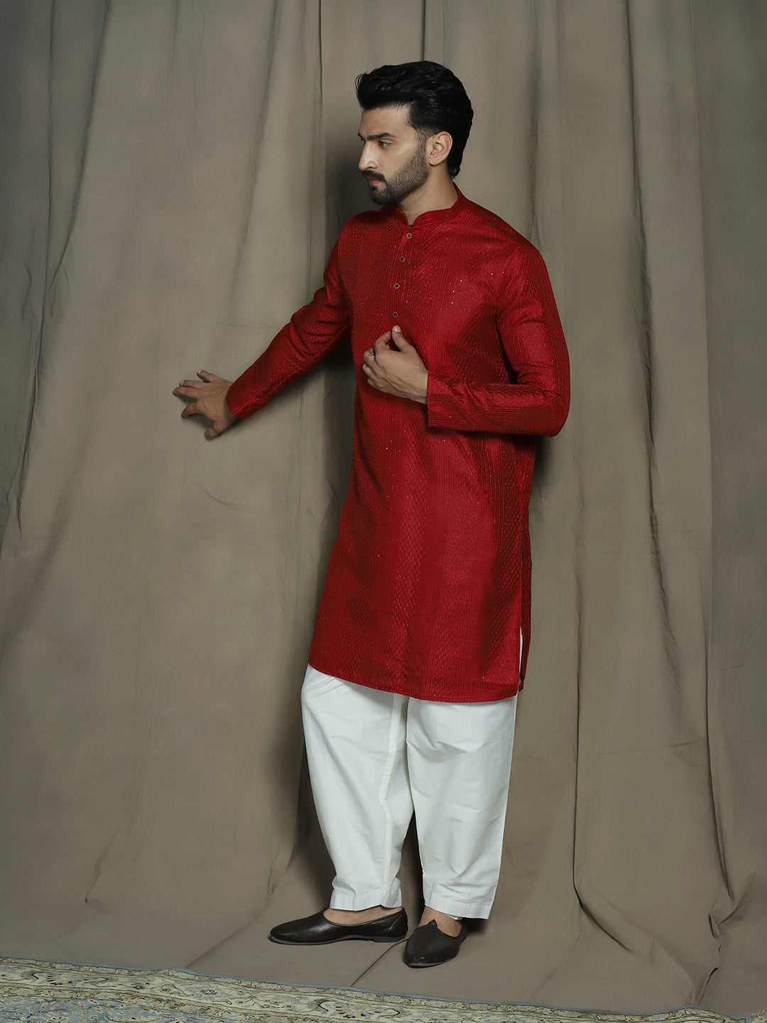 Red Silk Blend Solid Kurta Set